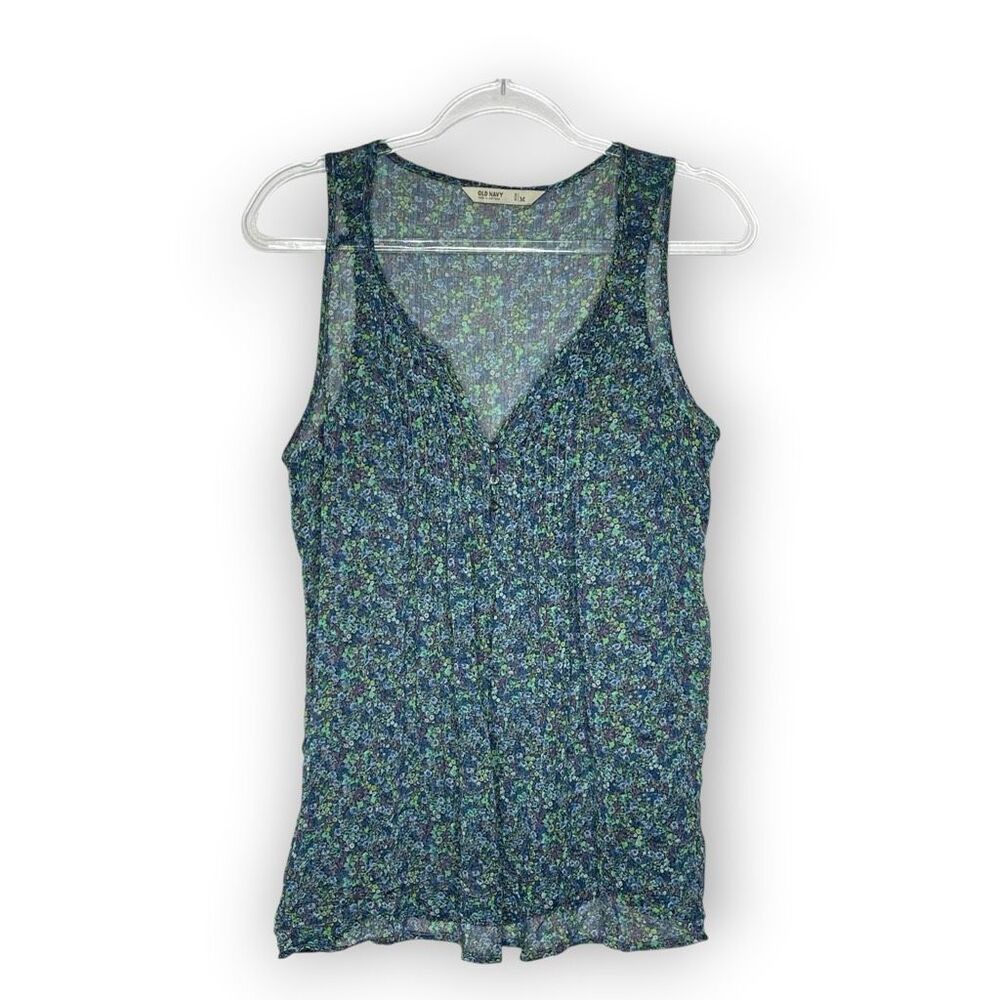 Old Navy Chiffon Sheer Floral Green Blue Sleeveless Top Blouse Women's Medium